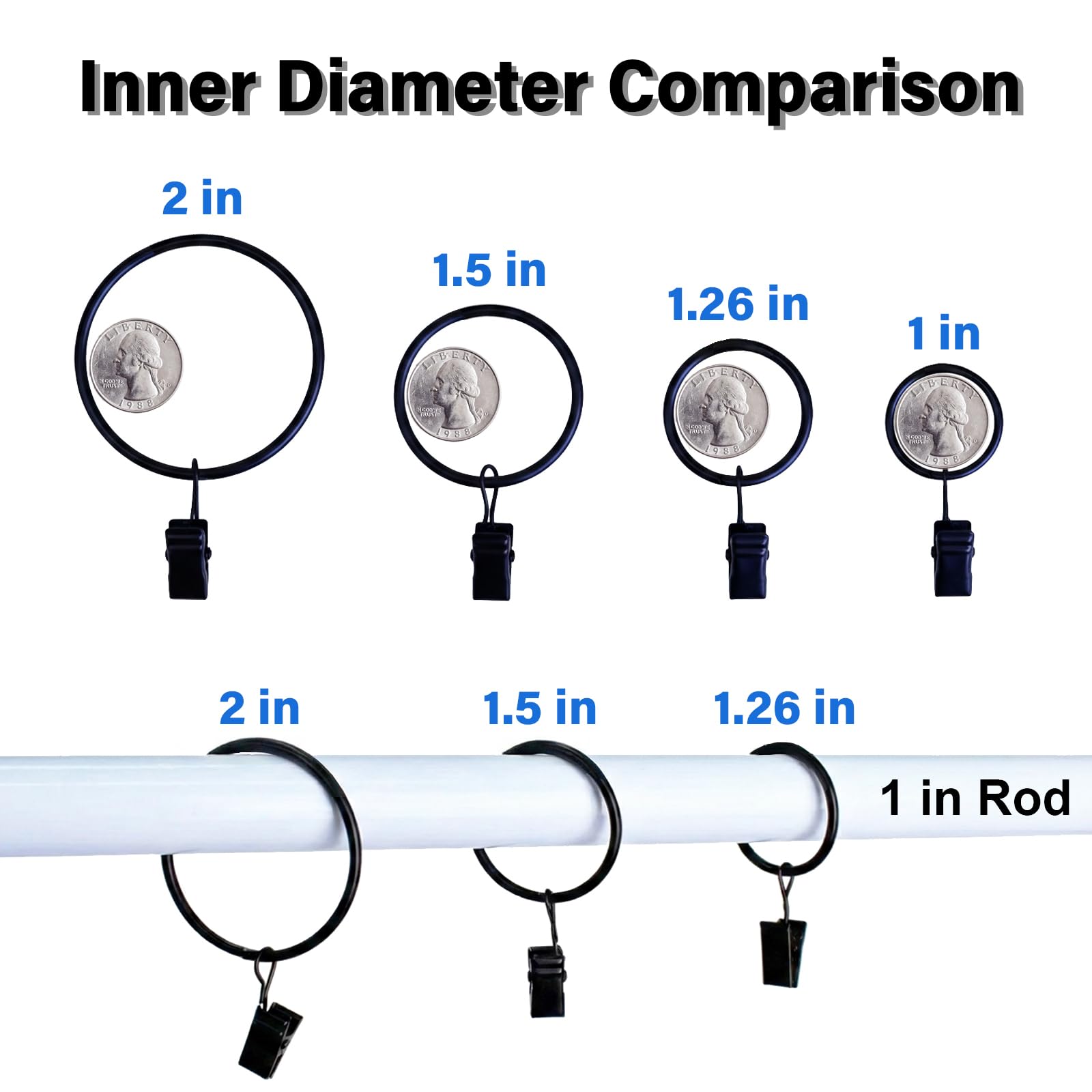 Curtain Rings with Clips Hooks, Drapery Rings Stainless Steel Metal Curtain Hangers Clips
