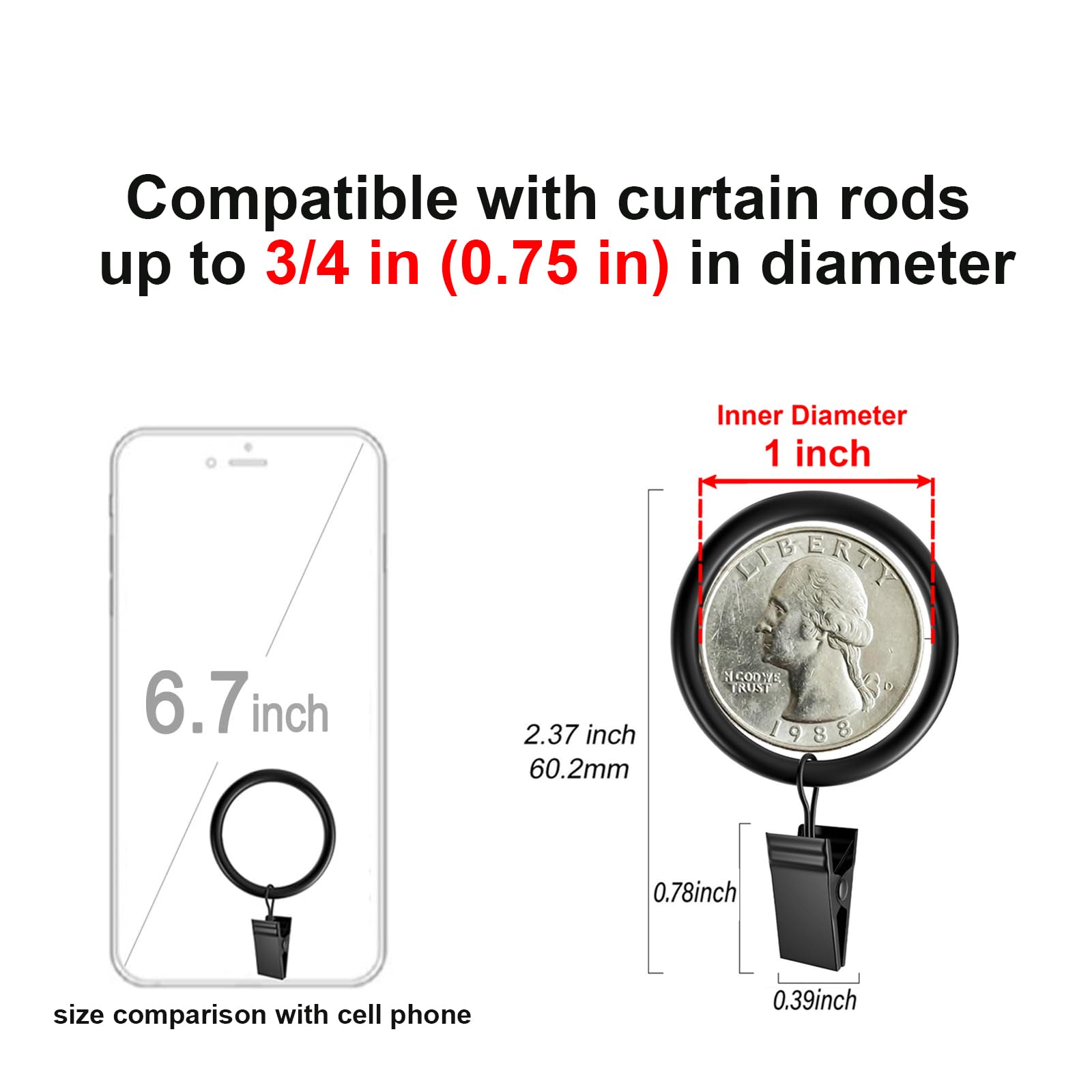 Curtain Rings with Clips Hooks, Drapery Rings Stainless Steel Metal Curtain Hangers Clips