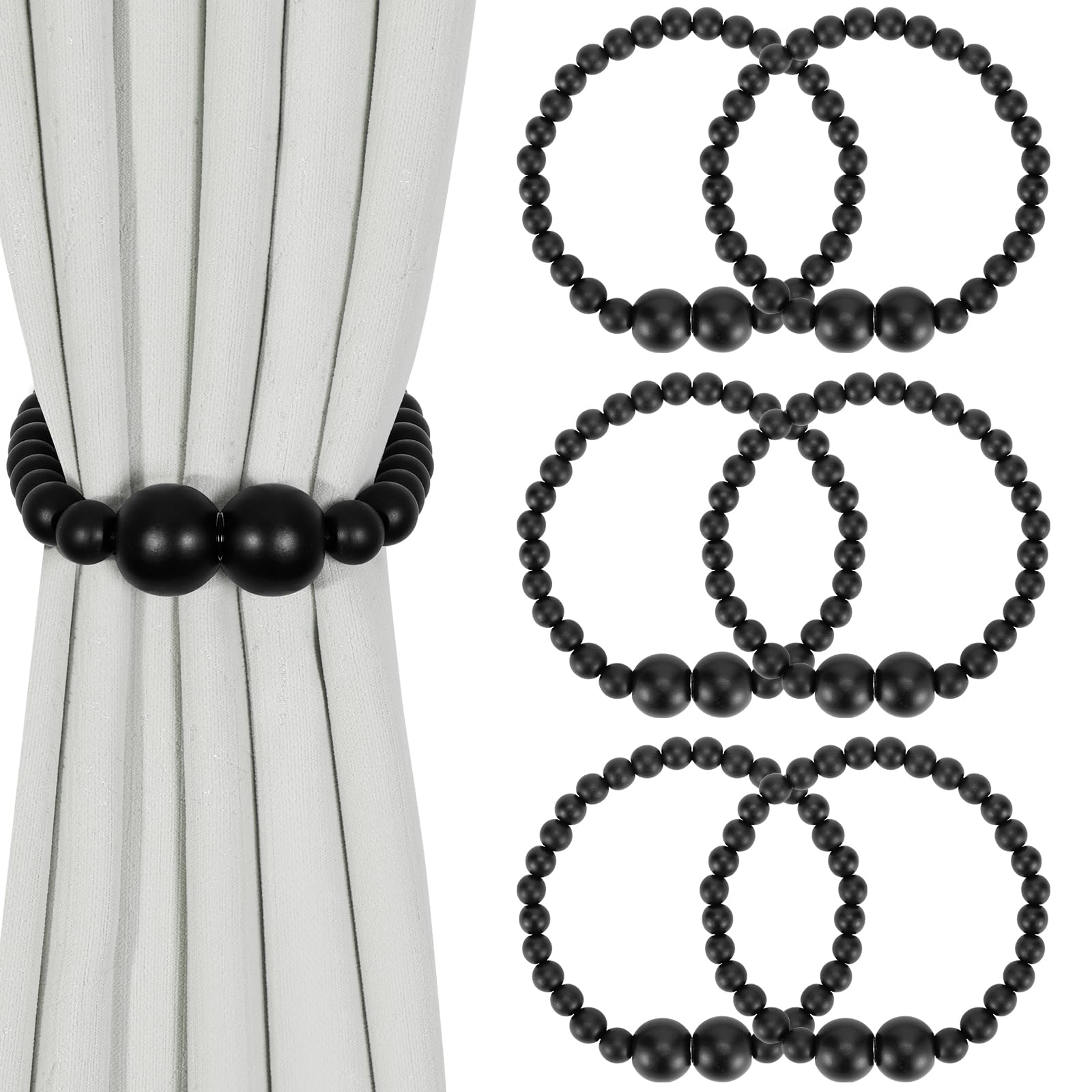 Boho Wood Bead Magnetic Curtain Tiebacks