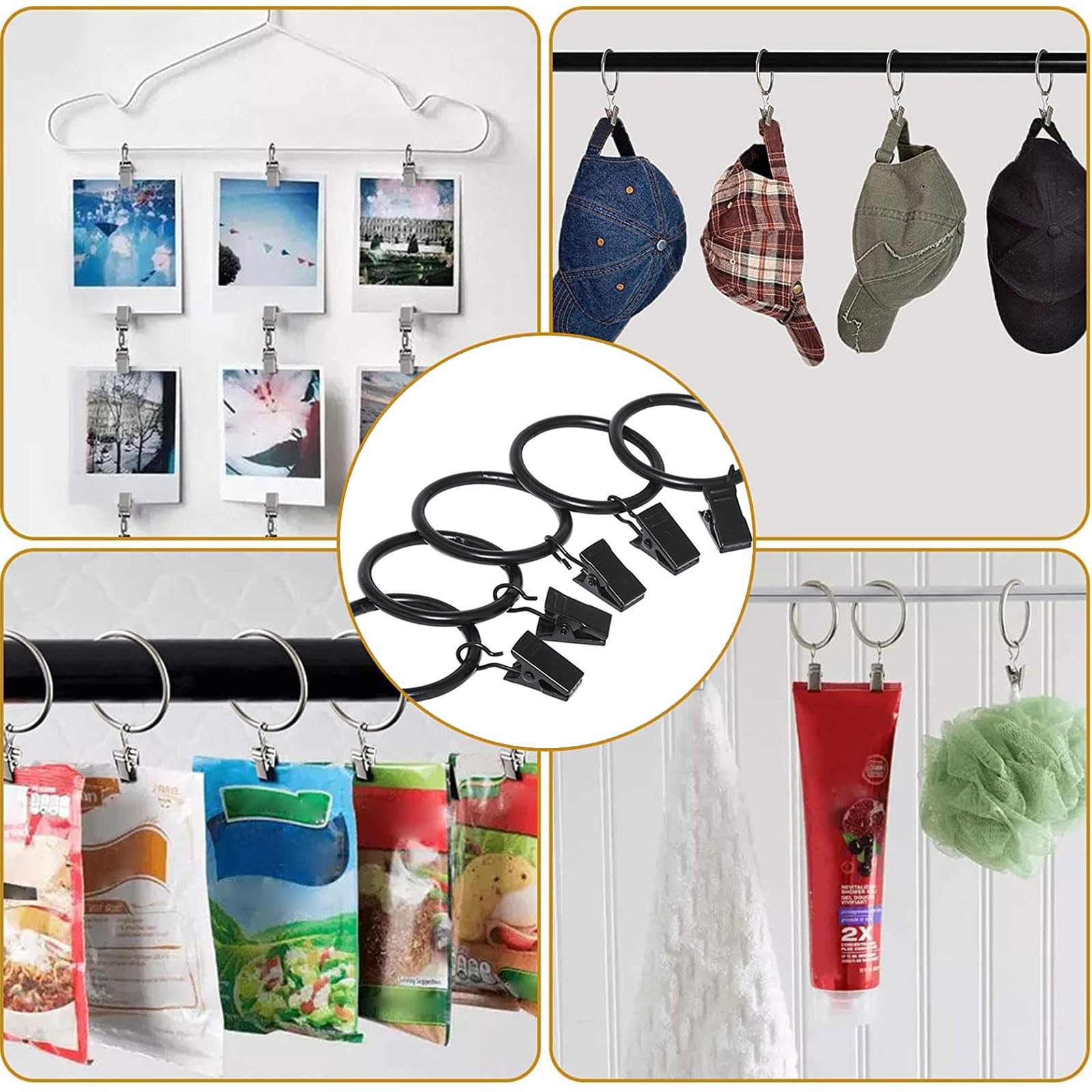 Curtain Rings with Clips Hooks, Drapery Rings Stainless Steel Metal Curtain Hangers Clips