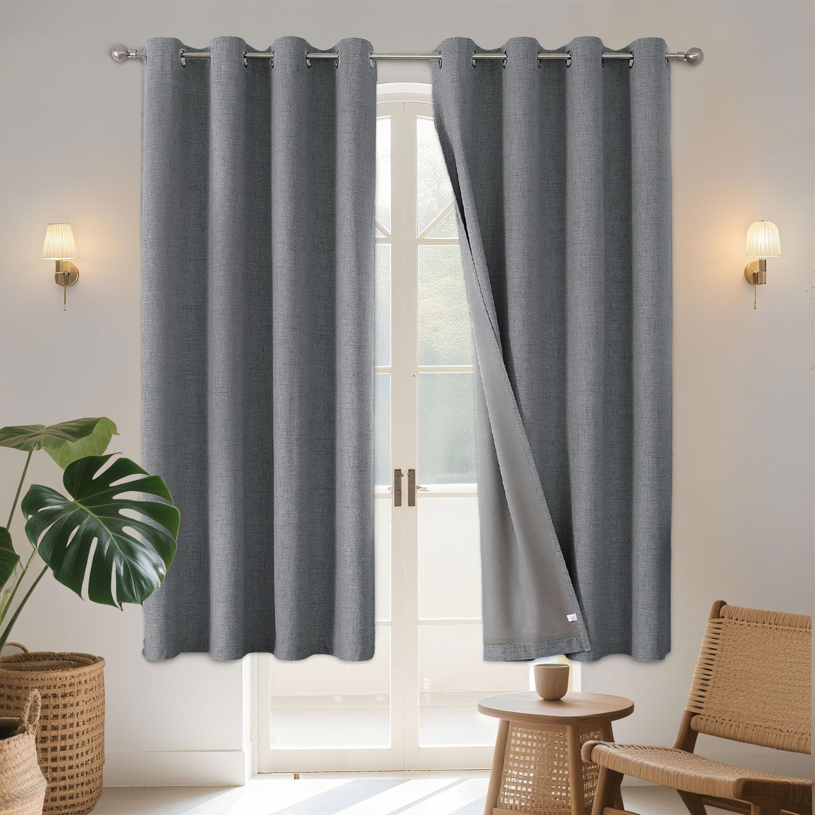 Joydeco 52 Inch Wide Bedroom 100% Faxu Linen Textured Privacy Curtains