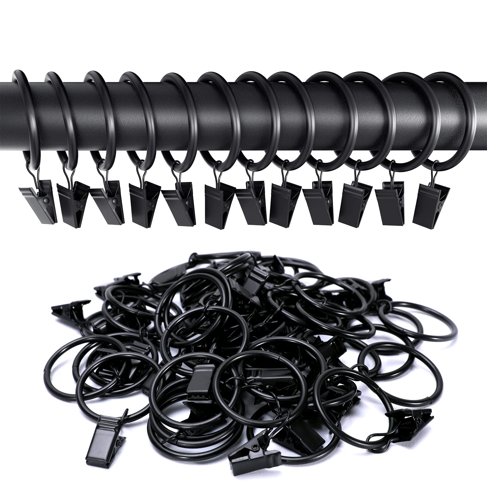 Curtain Rings with Clips Hooks, Drapery Rings Stainless Steel Metal Curtain Hangers Clips