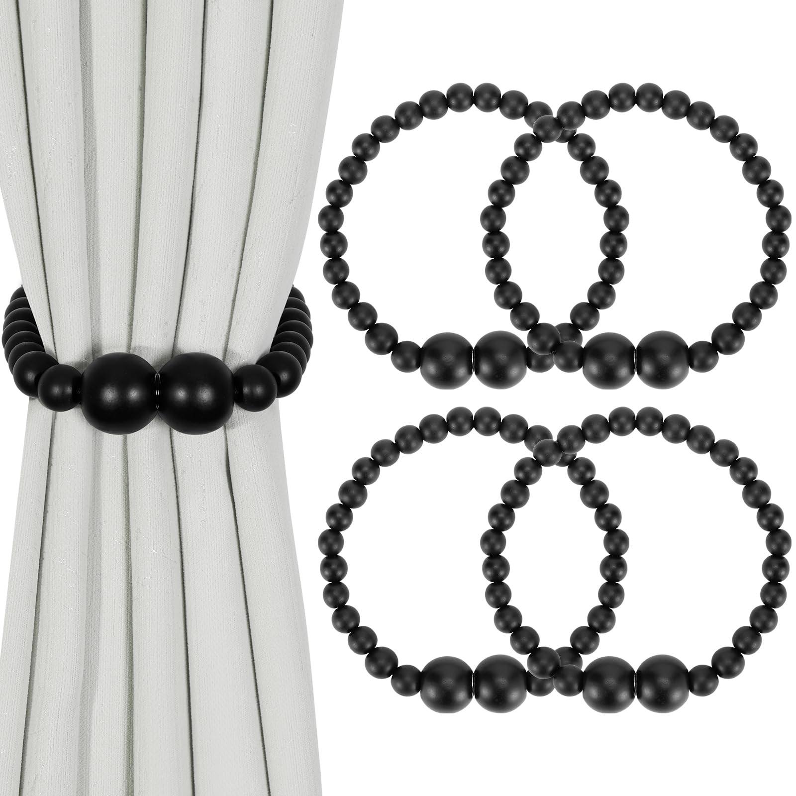 Boho Wood Bead Magnetic Curtain Tiebacks