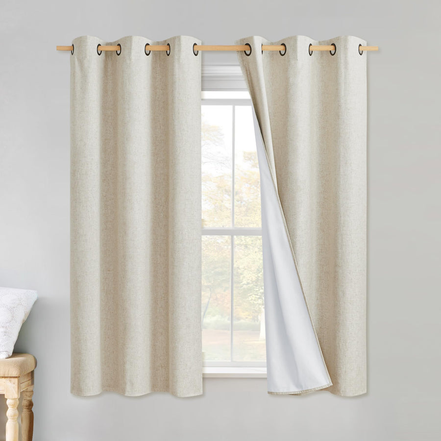 NICETOWN 100% Absolutely Blackout Linen Curtains with Thermal Insulated White Liner