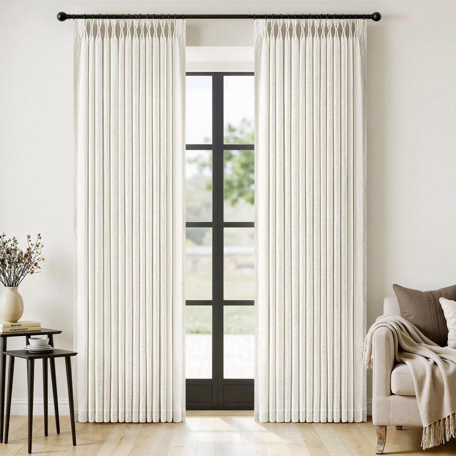 Pinch Pleated Linen Curtains Set with Hooks & Rings