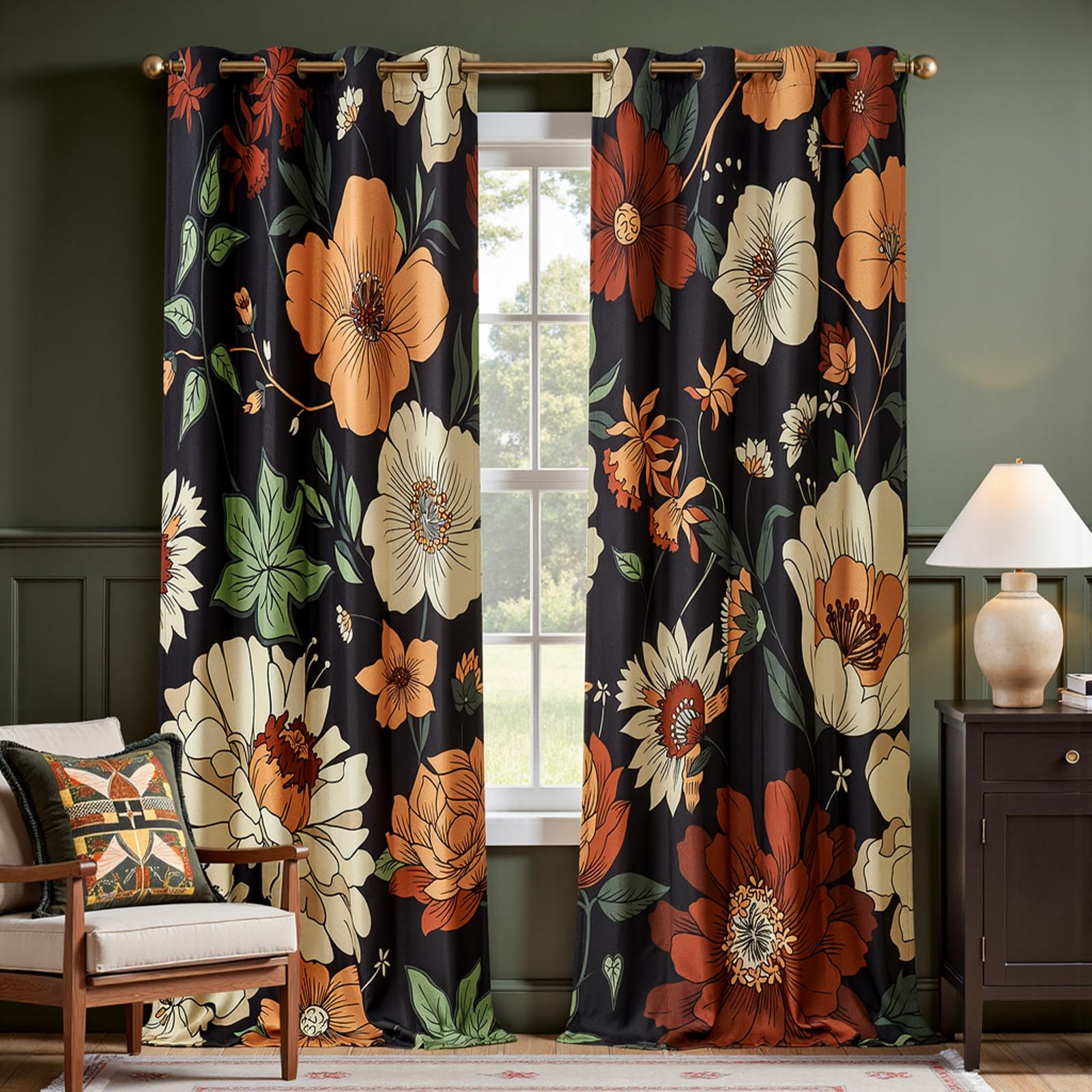 Boho Floral Room Darkening Linen Curtains