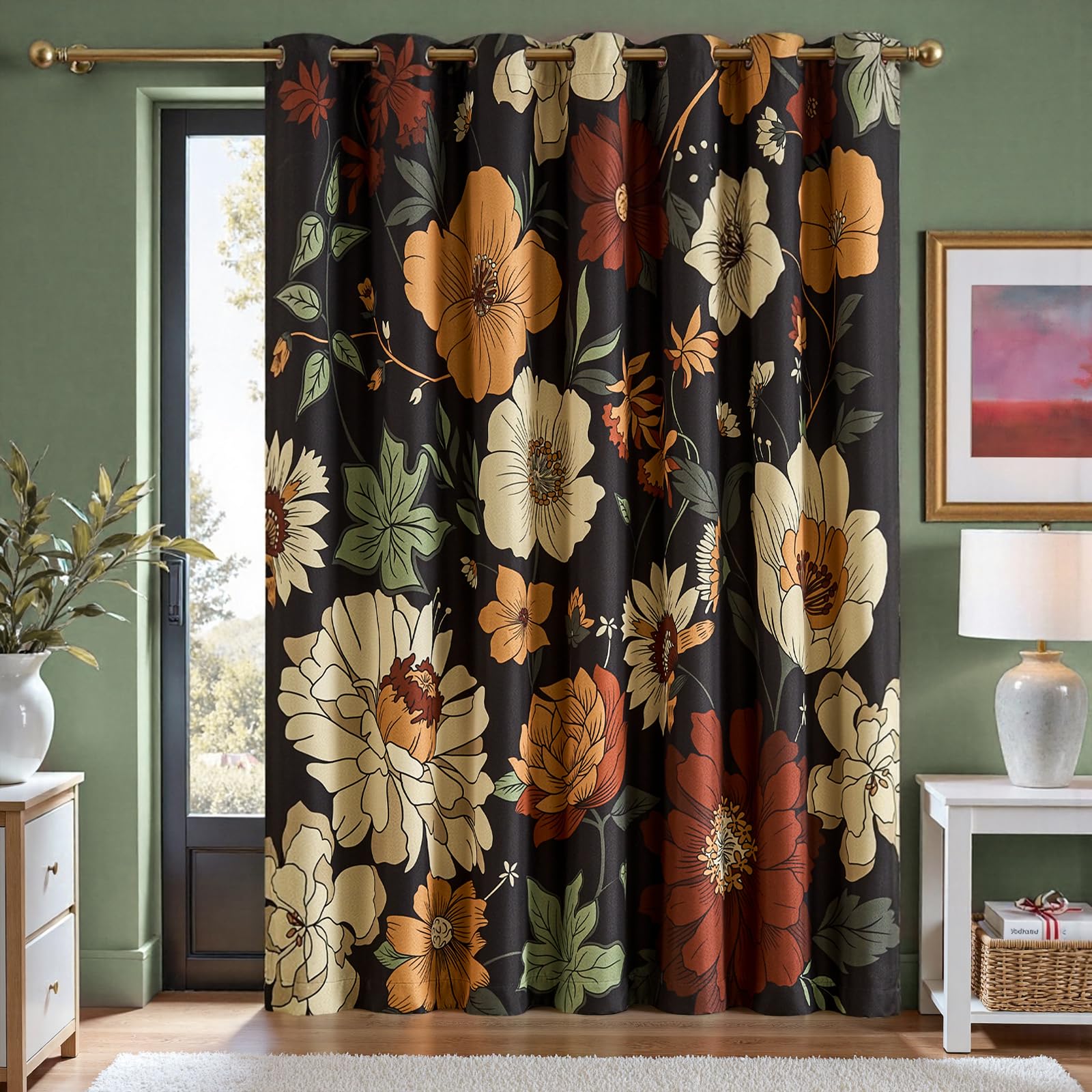 Boho Floral Room Darkening Linen Curtains