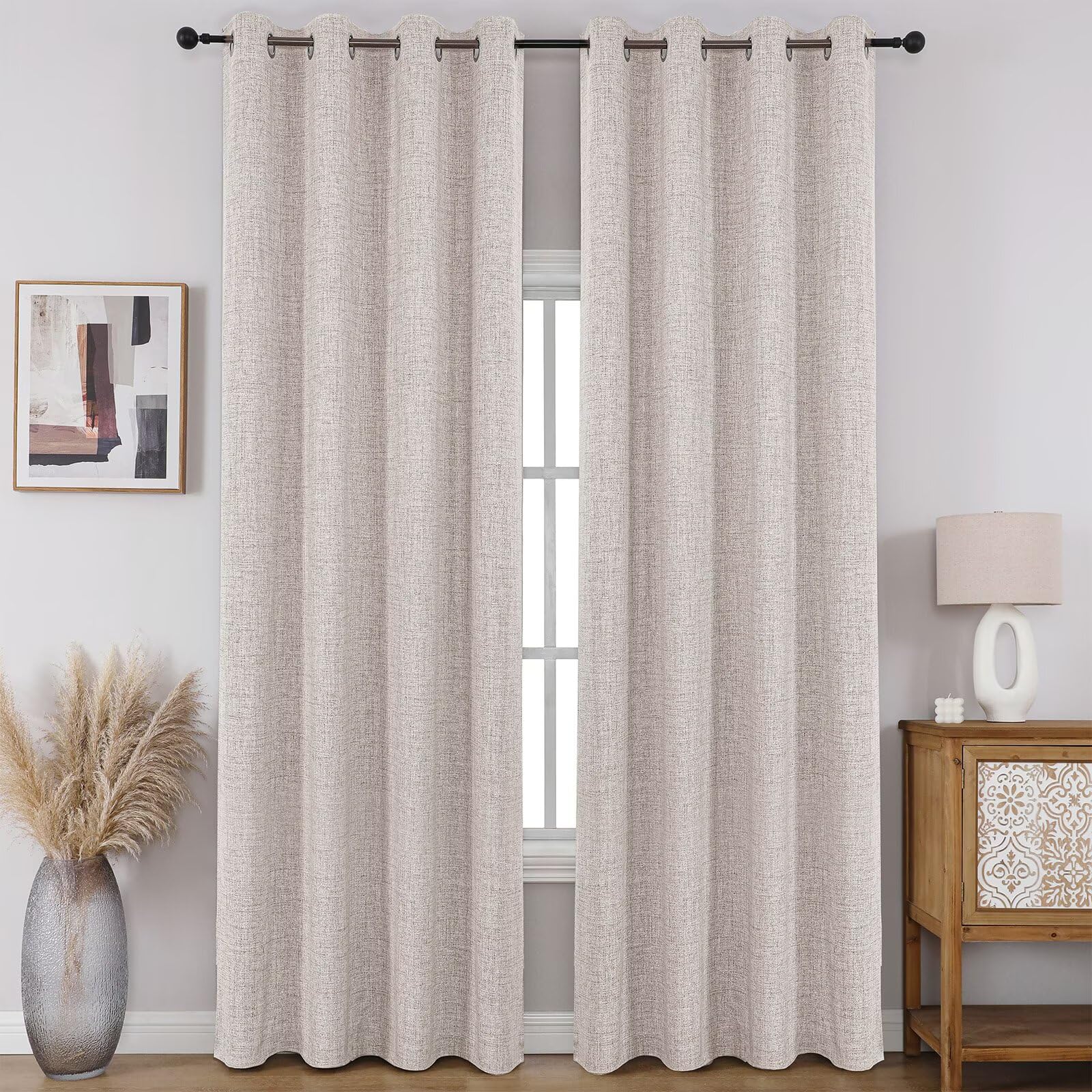 Full Blackout Faux Linen Grommet Curtains