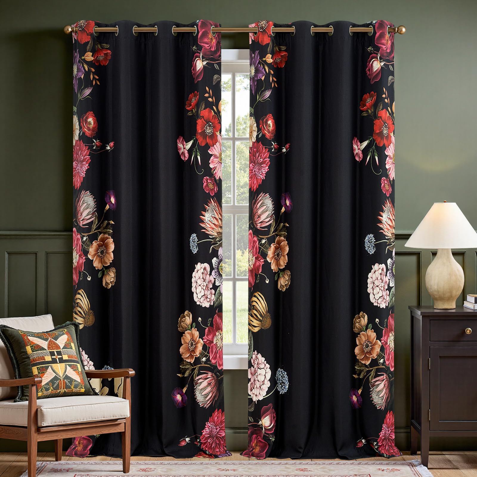 Boho Floral Room Darkening Linen Curtains