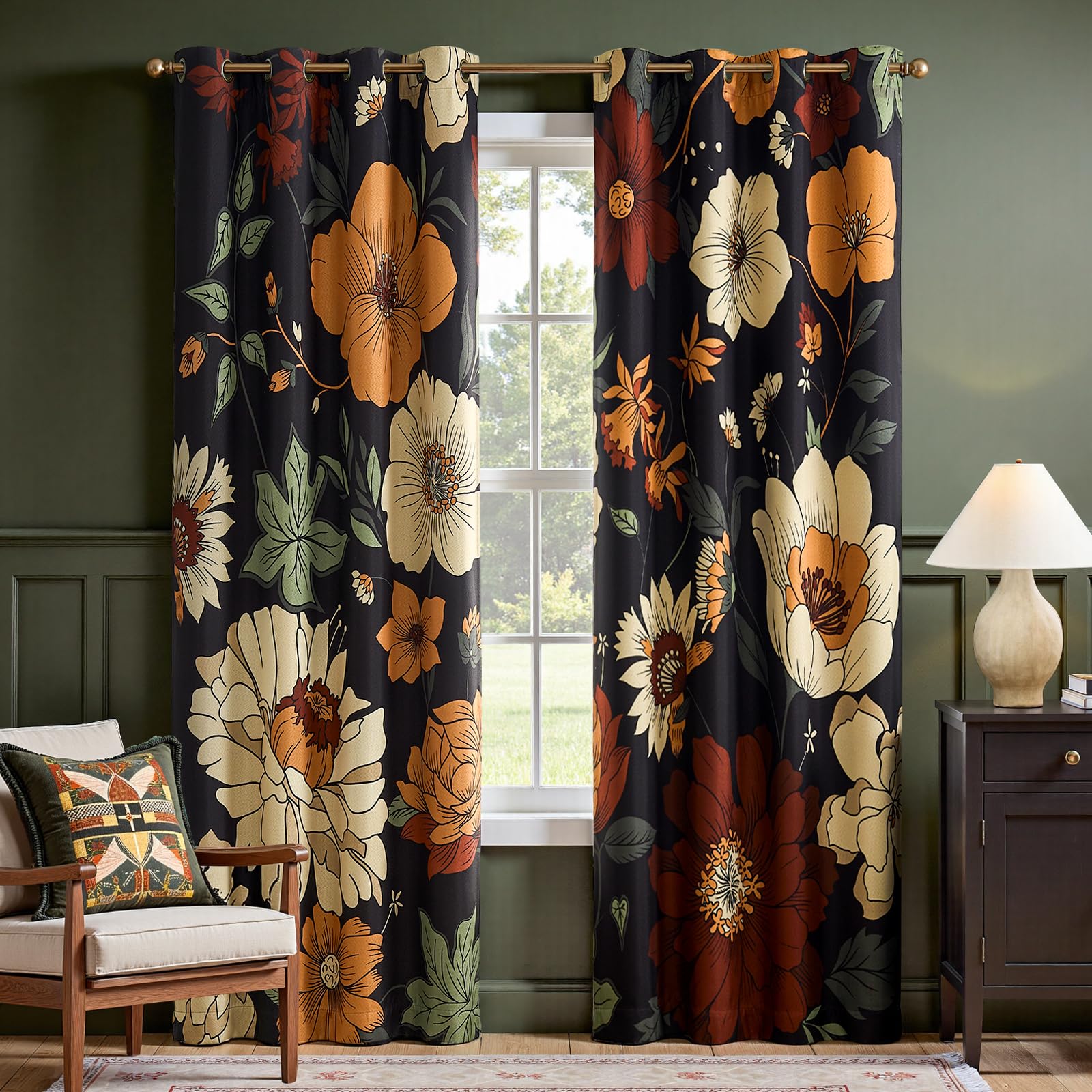 Boho Floral Room Darkening Linen Curtains