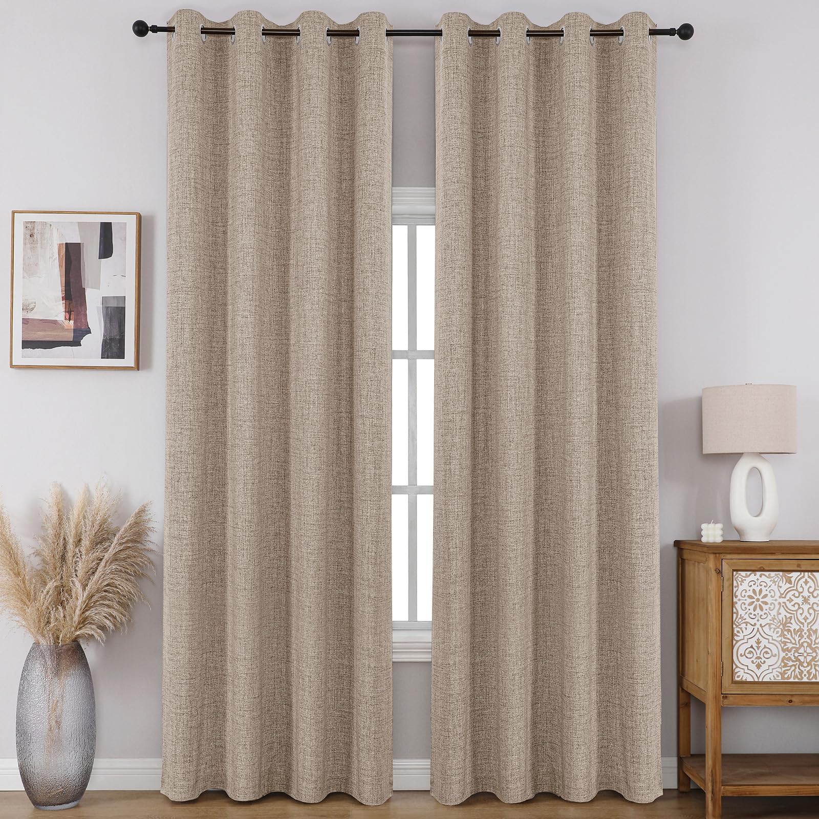 Full Blackout Faux Linen Grommet Curtains